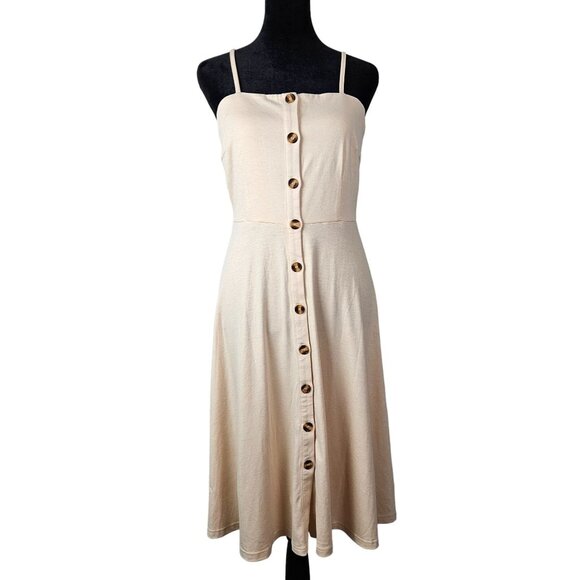 Womens Beige Button-Front Sleeveless A-Line Boho Summer Dress Size Small Casual - Picture 2 of 11
